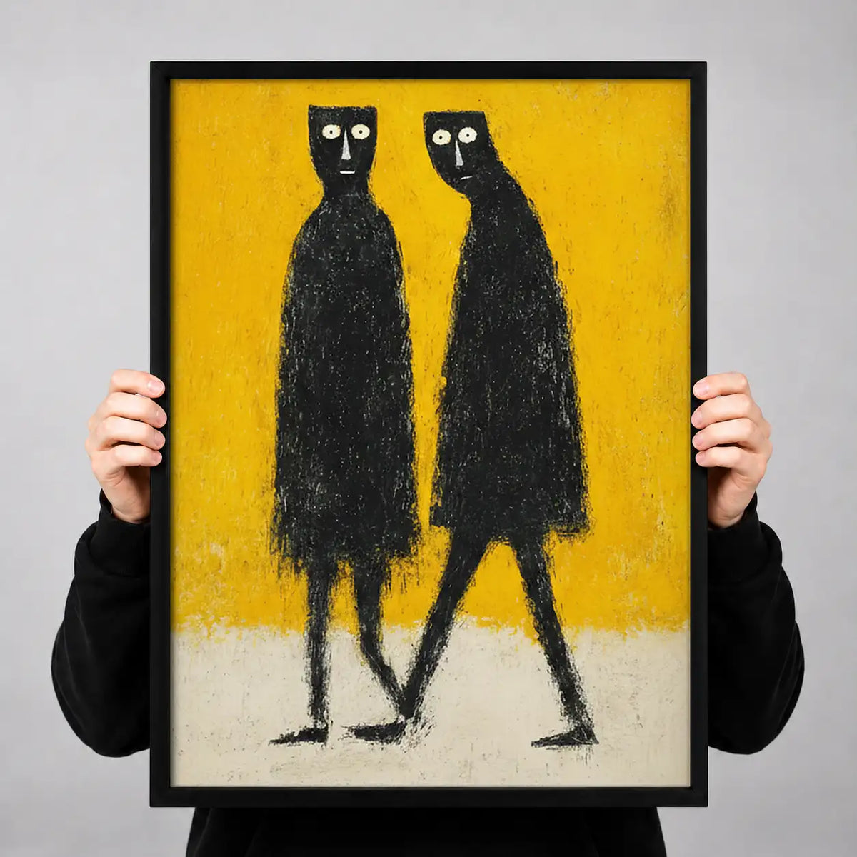 Two Tall Black Cats on Yellow Wall Art 3