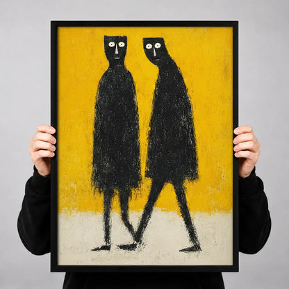 Two Tall Black Cats on Yellow Wall Art 3