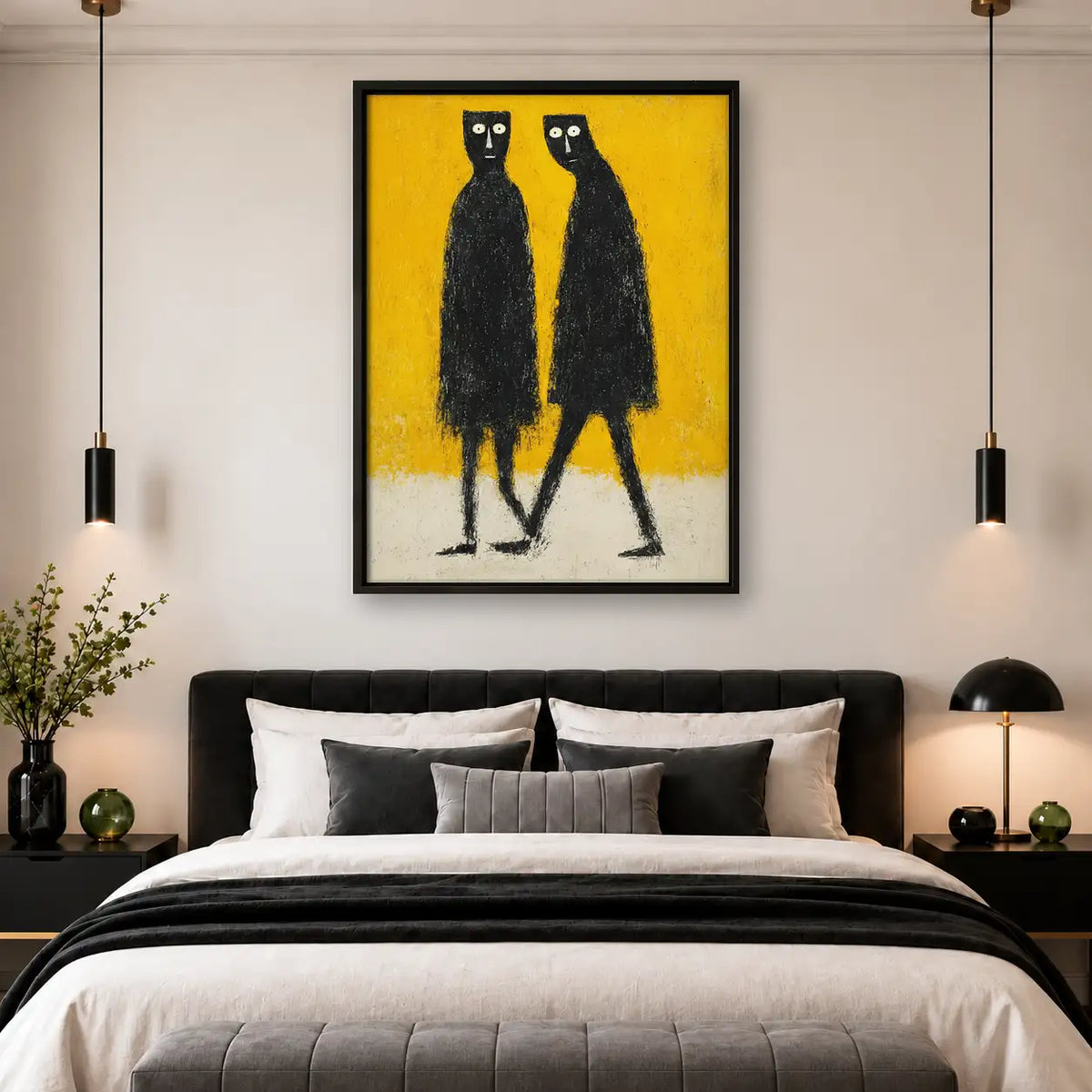 Two Tall Black Cats on Yellow Wall Art 4