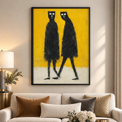 Two Tall Black Cats on Yellow Wall Art 5