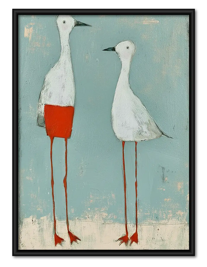 Two Tall White Geese in Red Shorts Wall Art