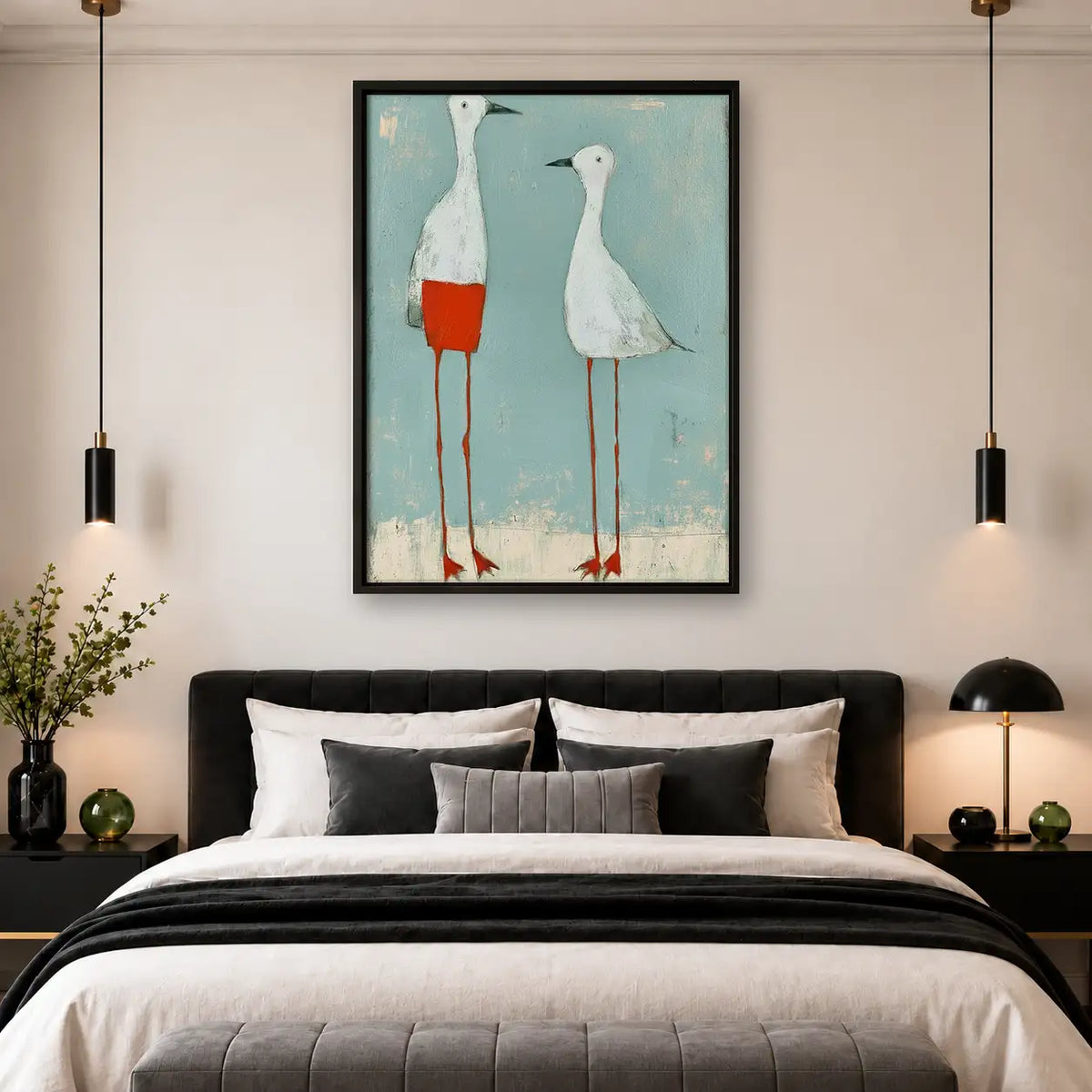 Two Tall White Geese in Red Shorts Wall Art 4