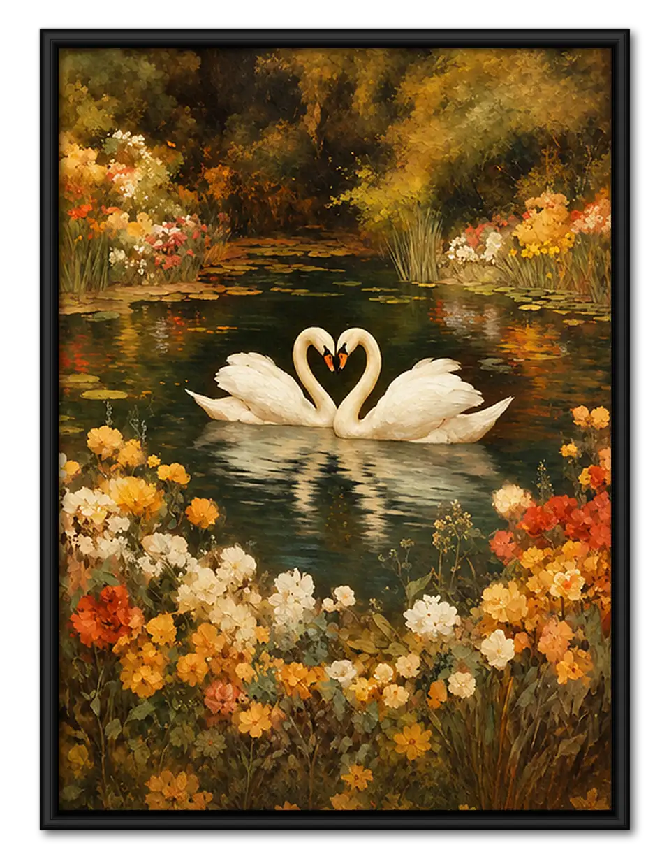 Two White Swans in Golden Garden Wall Art 1