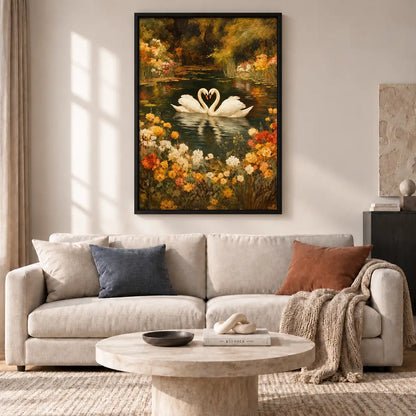 Two White Swans in Golden Garden Wall Art 2