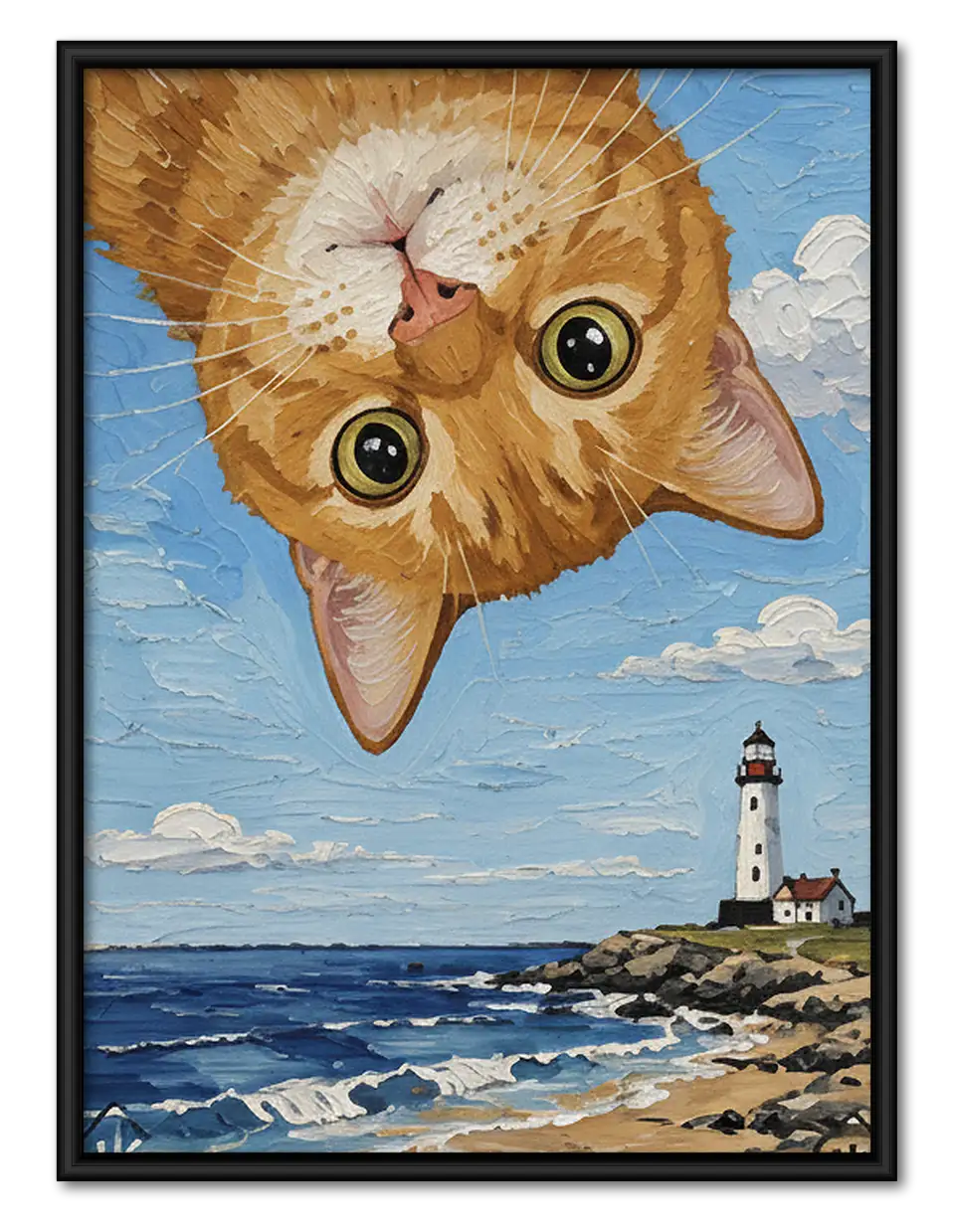 Upside Down Orange Cat Over Lighthouse Wall Art 1