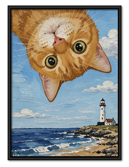 Upside Down Orange Cat Over Lighthouse Wall Art