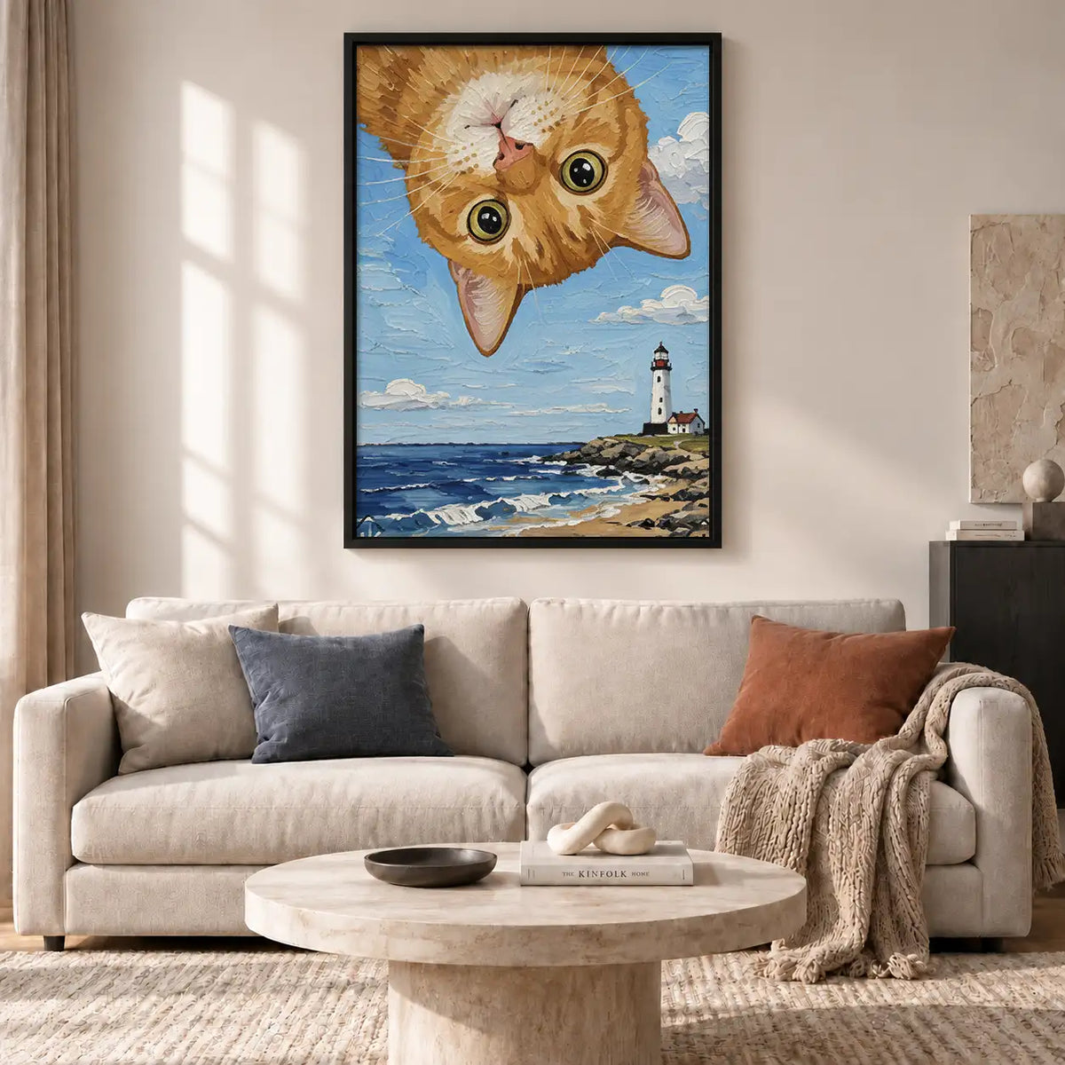 Upside Down Orange Cat Over Lighthouse Wall Art 2