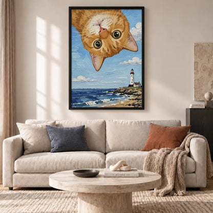 Upside Down Orange Cat Over Lighthouse Wall Art 2