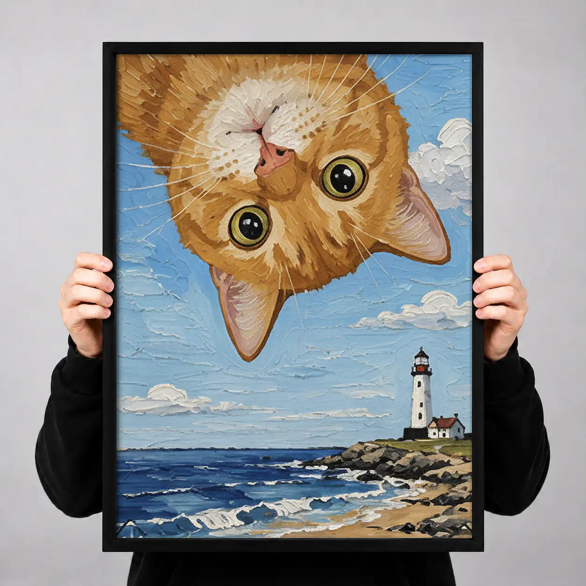 Upside Down Orange Cat Over Lighthouse Wall Art 3