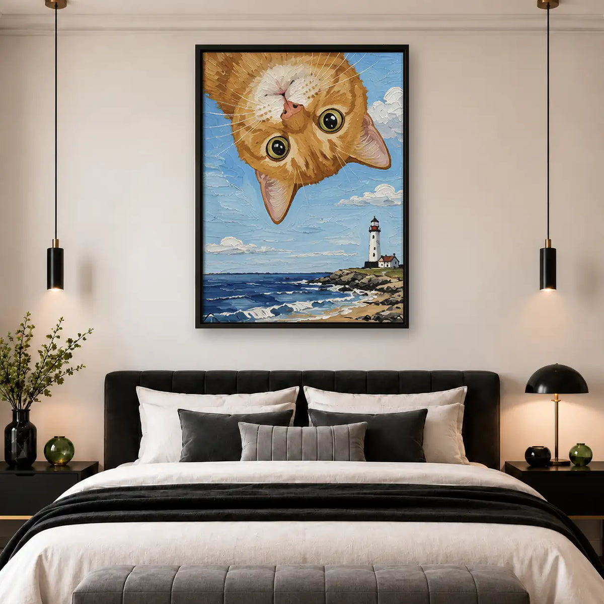 Upside Down Orange Cat Over Lighthouse Wall Art 4