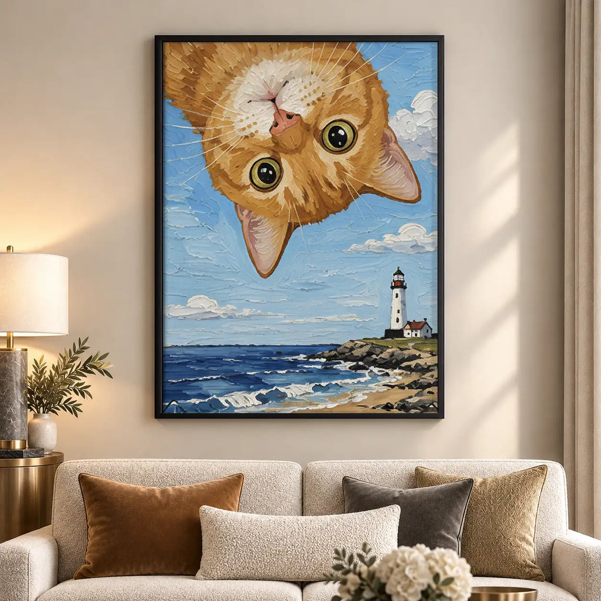 Upside Down Orange Cat Over Lighthouse Wall Art 5