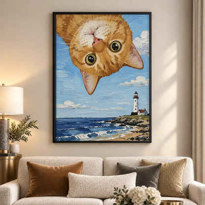 Upside Down Orange Cat Over Lighthouse Wall Art 5