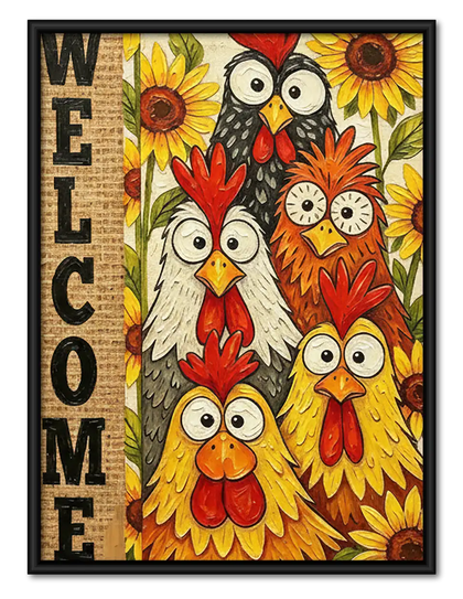 Welcome Colorful Chicken Family Wall Art
