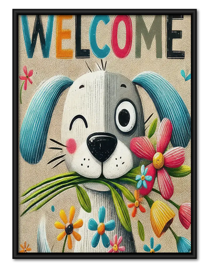 Welcome Smiling Dog with Flowers Wall Art 1