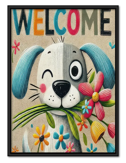 Welcome Smiling Dog with Flowers Wall Art