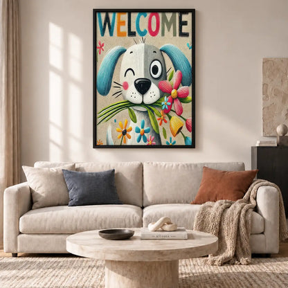 Welcome Smiling Dog with Flowers Wall Art 2