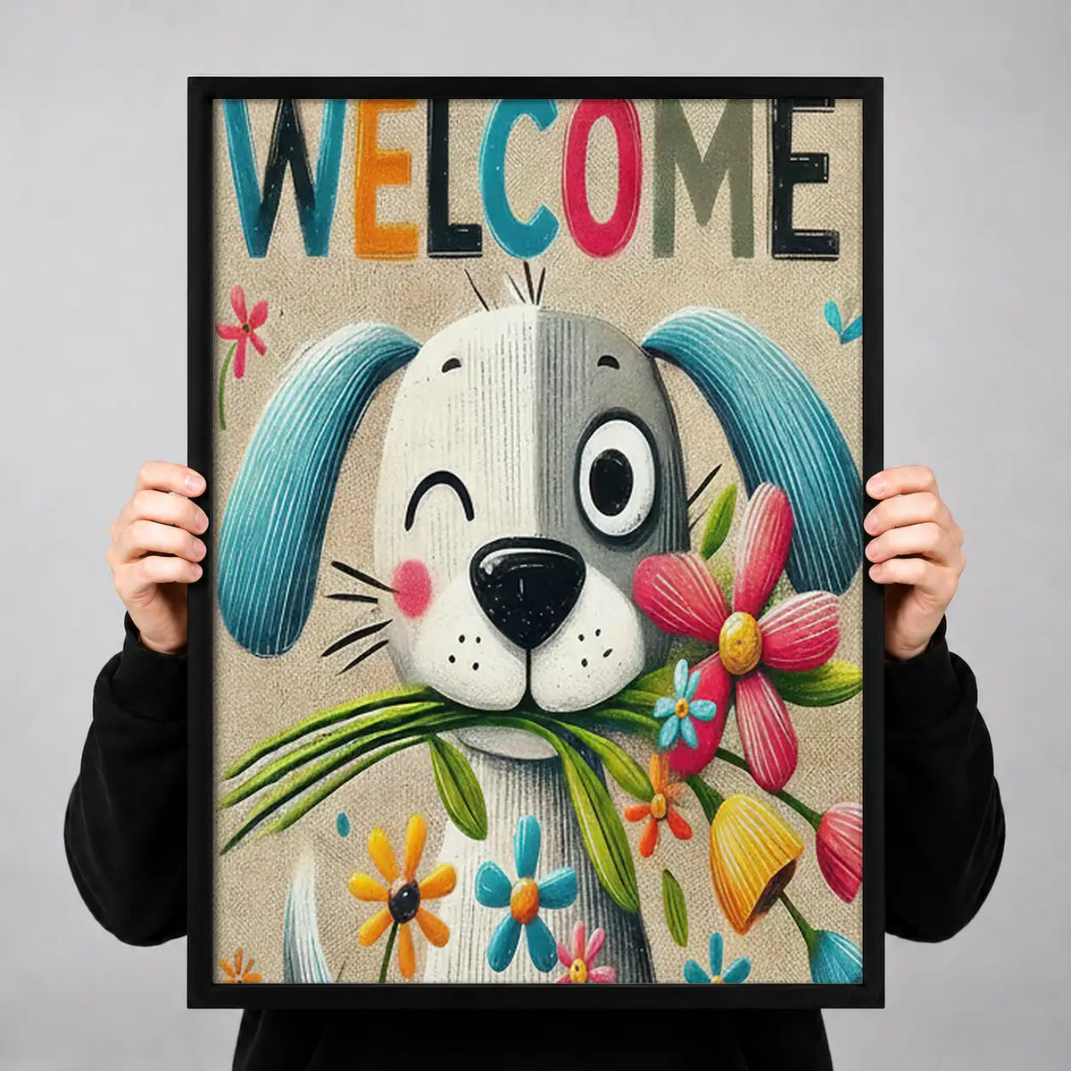 Welcome Smiling Dog with Flowers Wall Art 3