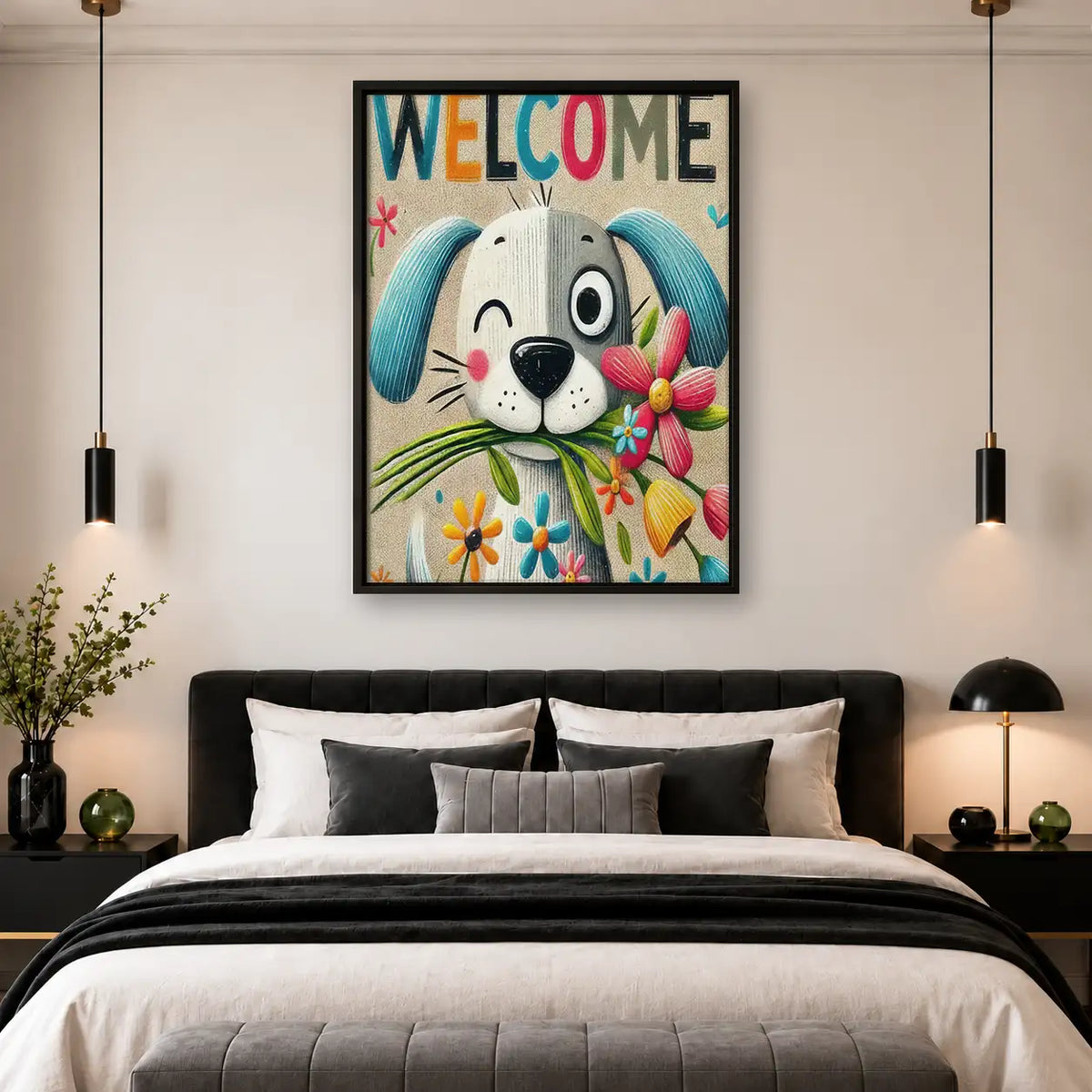 Welcome Smiling Dog with Flowers Wall Art 4