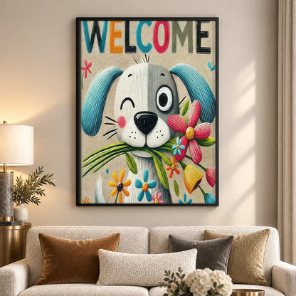 Welcome Smiling Dog with Flowers Wall Art 5