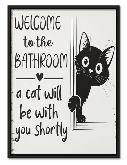 Welcome to the Bathroom Curious Black Cat Wall Art