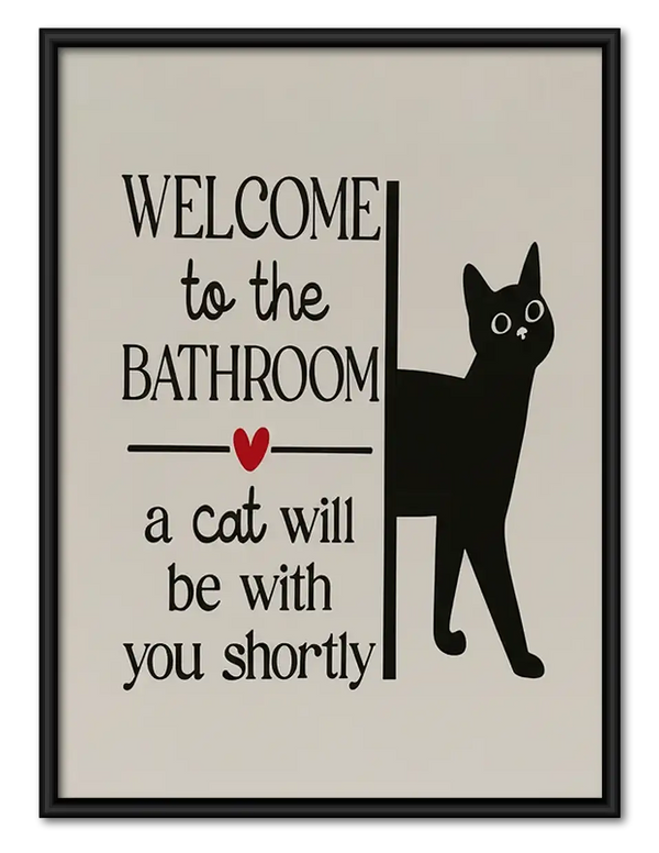 Welcome to the Bathroom Minimal Black Cat Wall Art