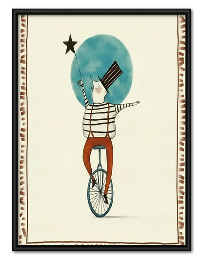 Whimsical Balancing Moon Cyclist Wall Art 1