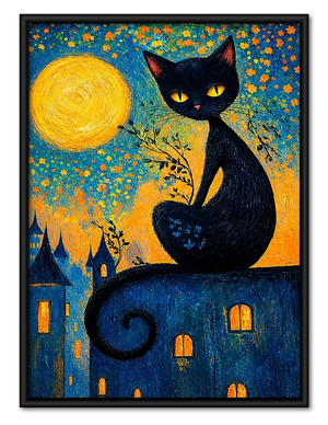 Whimsical Black Cat Over Golden Village Wall Art