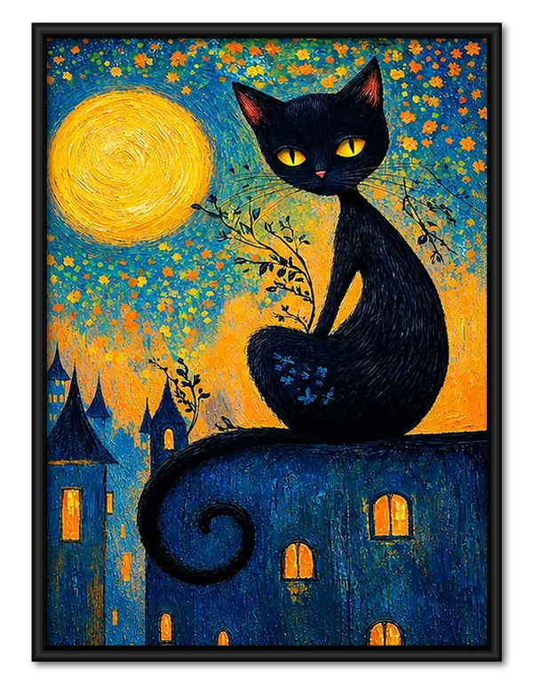 Whimsical Black Cat Over Golden Village Wall Art
