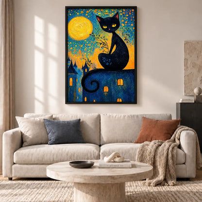 Whimsical Black Cat Over Golden Village Wall Art 2