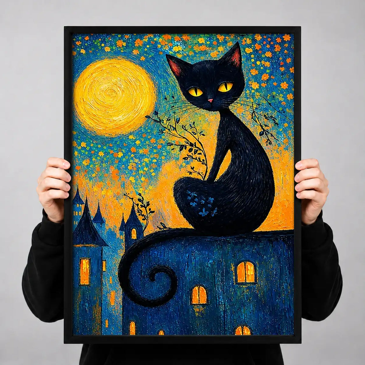 Whimsical Black Cat Over Golden Village Wall Art 3