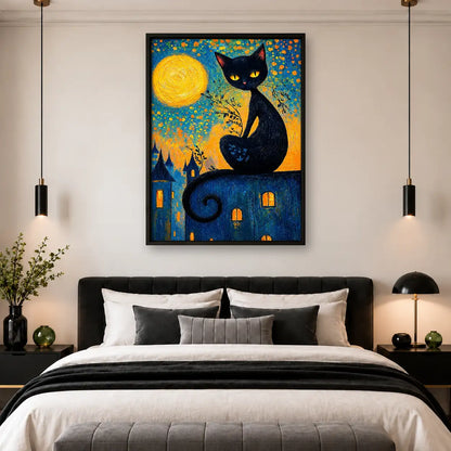 Whimsical Black Cat Over Golden Village Wall Art 4