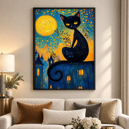 Whimsical Black Cat Over Golden Village Wall Art 5