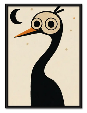 Whimsical Black Crane Under Crescent Moon Wall Art