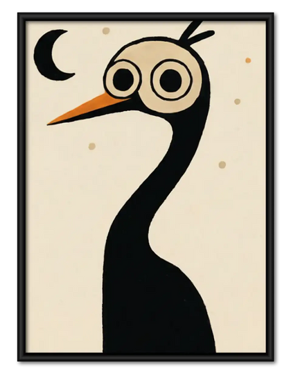Whimsical Black Crane Under Crescent Moon Wall Art