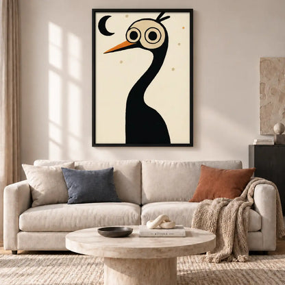 Whimsical Black Crane Under Crescent Moon Wall Art 2