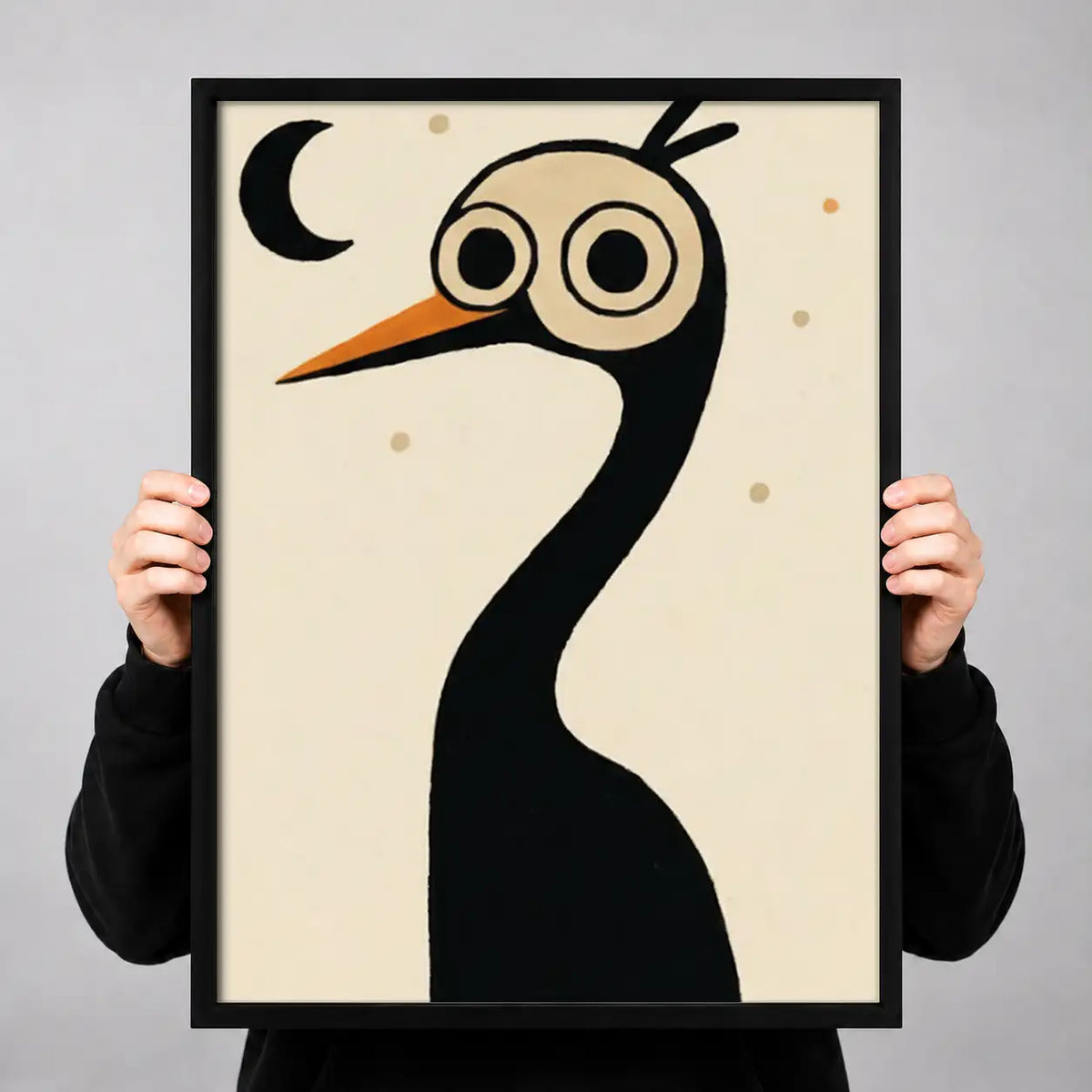 Whimsical Black Crane Under Crescent Moon Wall Art 3