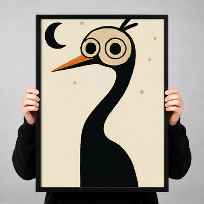 Whimsical Black Crane Under Crescent Moon Wall Art 3
