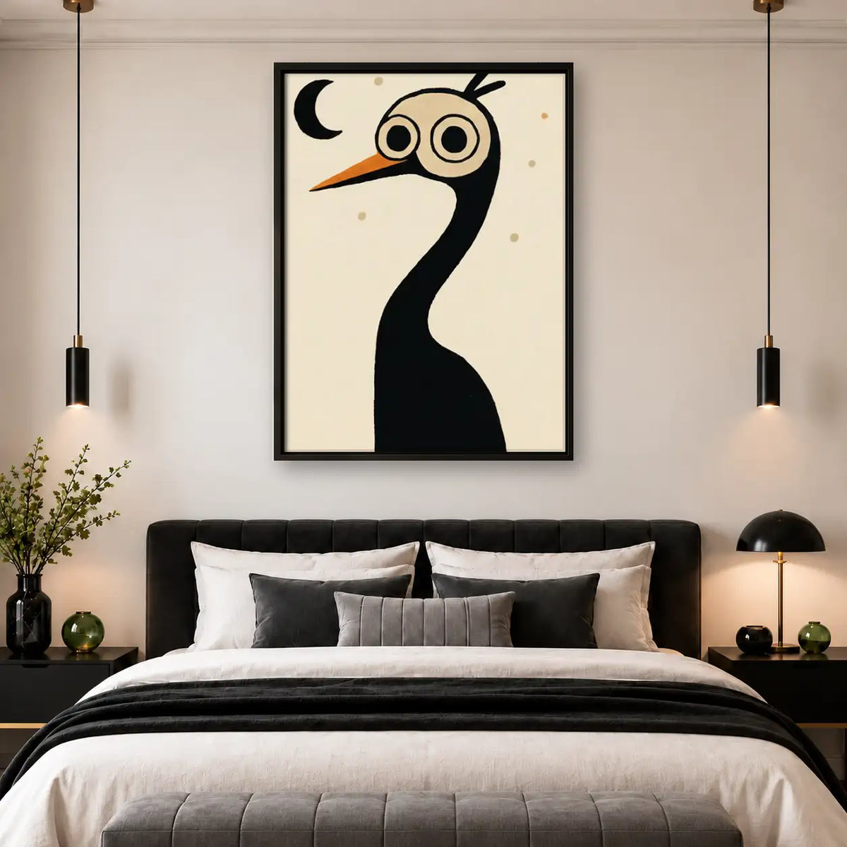 Whimsical Black Crane Under Crescent Moon Wall Art 4