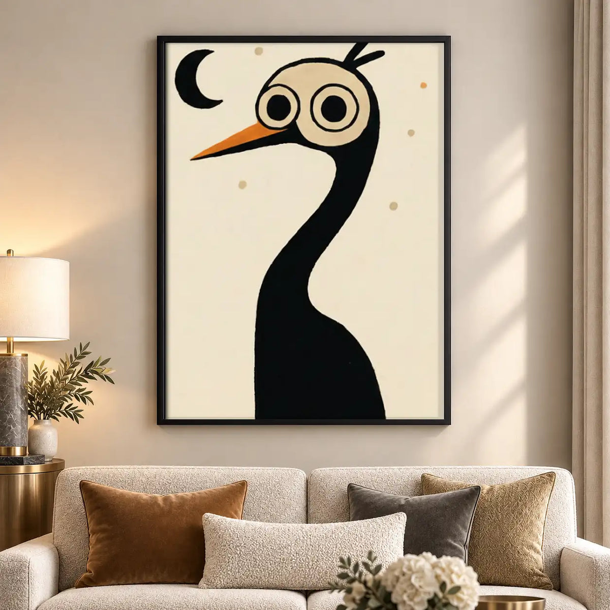 Whimsical Black Crane Under Crescent Moon Wall Art 5