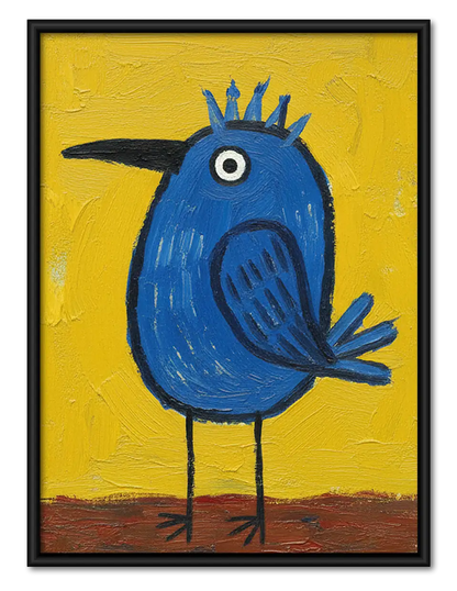 Whimsical Blue Bird on Yellow Wall Art 1