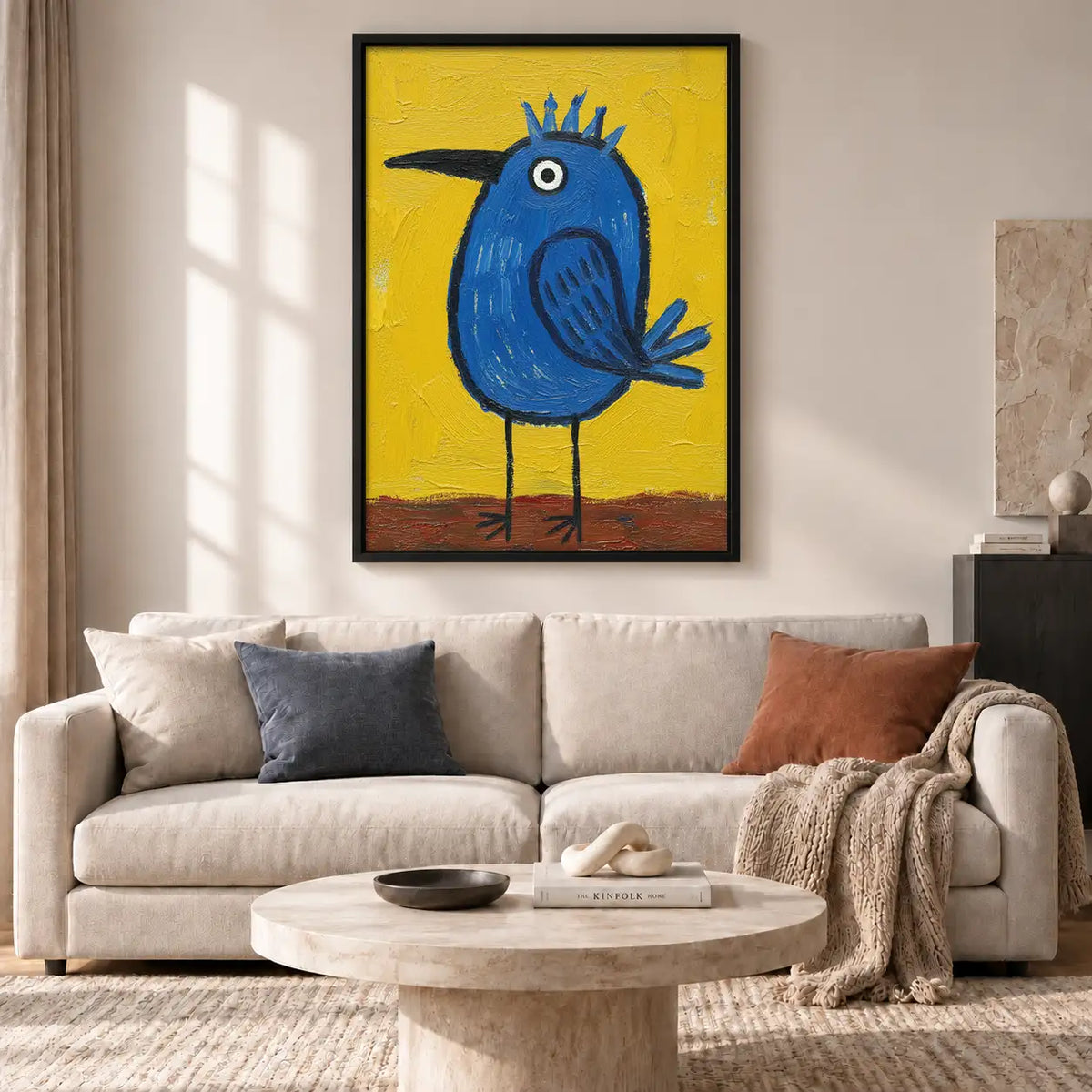 Whimsical Blue Bird on Yellow Wall Art 2