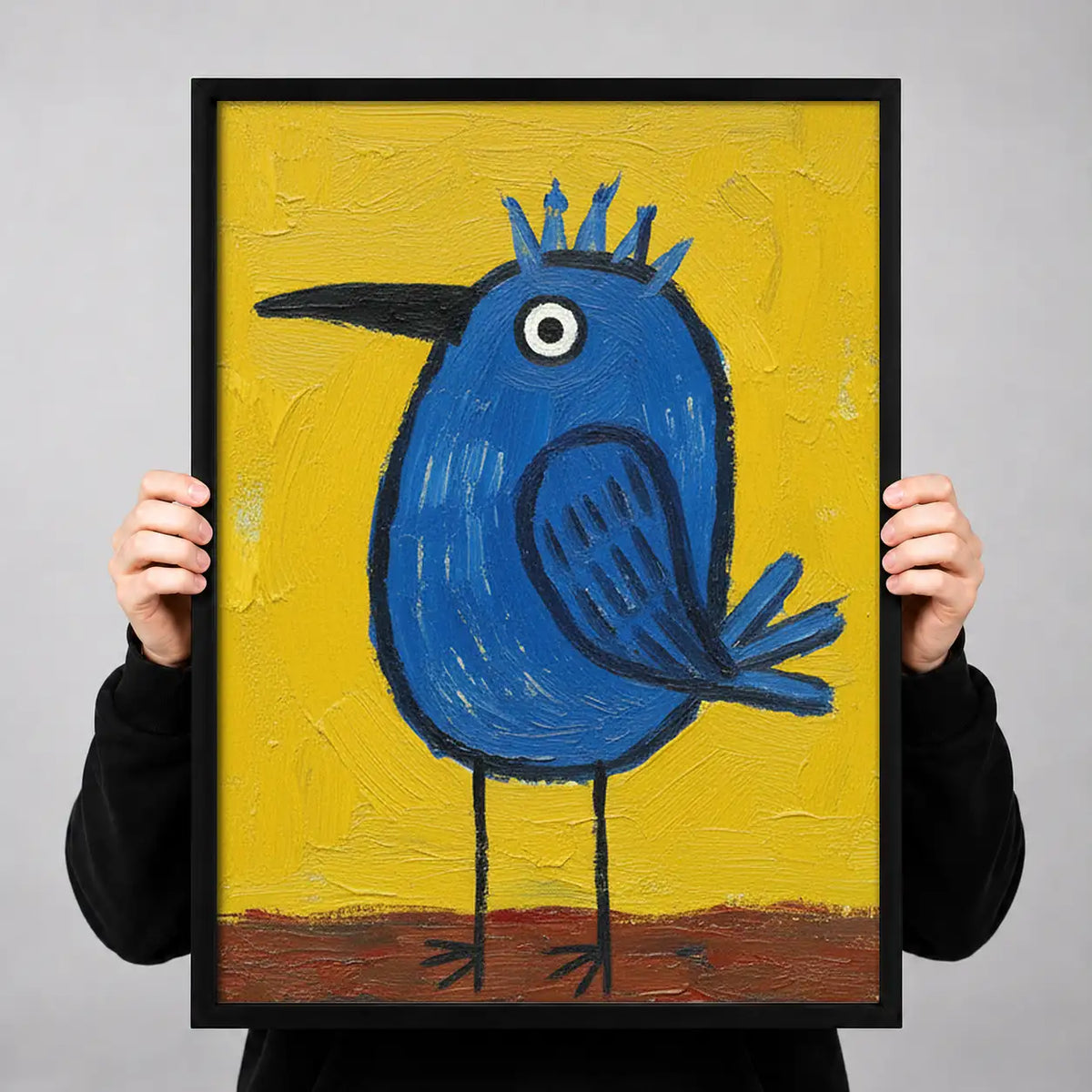 Whimsical Blue Bird on Yellow Wall Art 3