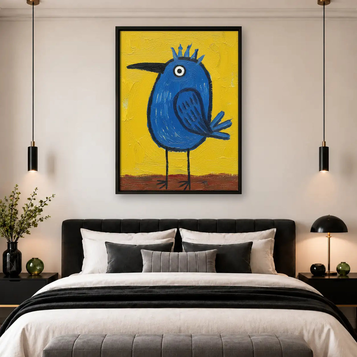 Whimsical Blue Bird on Yellow Wall Art 4