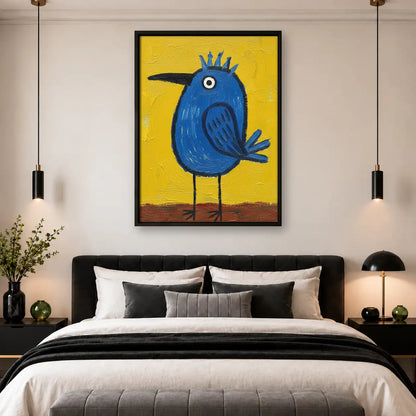 Whimsical Blue Bird on Yellow Wall Art 4