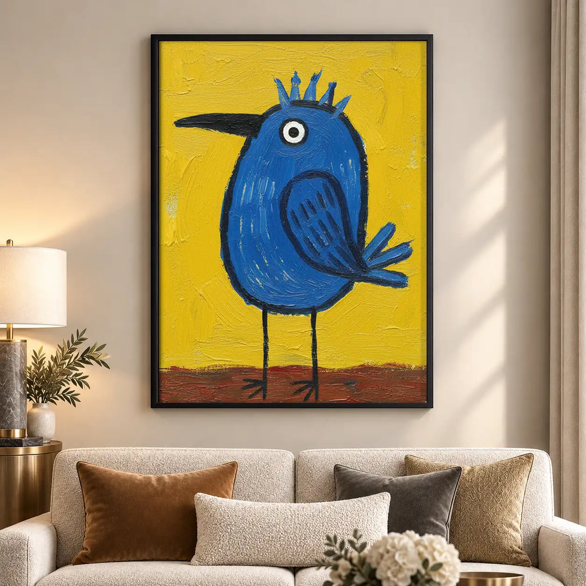 Whimsical Blue Bird on Yellow Wall Art 5
