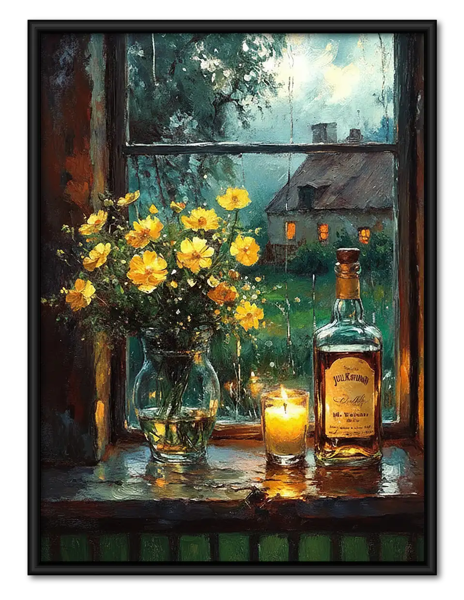 Whiskey Bottle with Yellow Flowers Wall Art 1