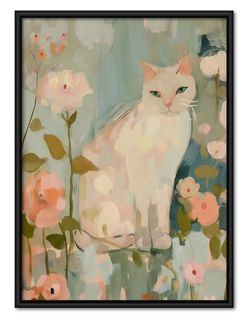 White Cat Among Pastel Flowers Wall Art 1