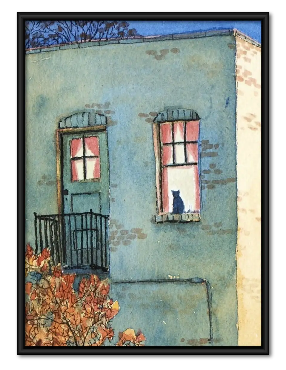 White Cat at Blue Apartment Window Wall Art 1