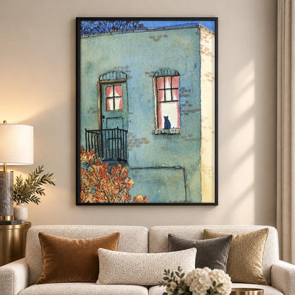White Cat at Blue Apartment Window Wall Art 5