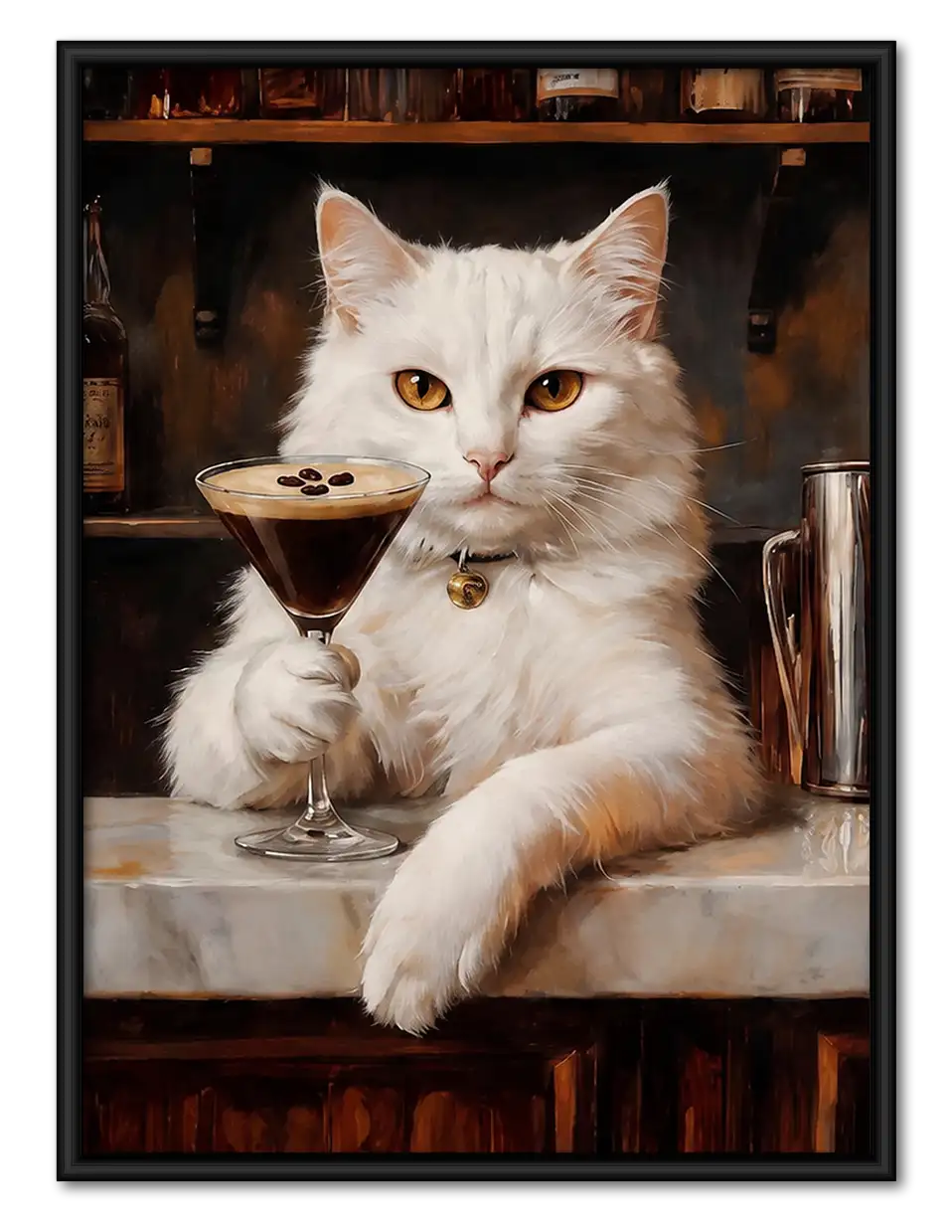 White Cat Drinking Espresso at Bar Wall Art 1